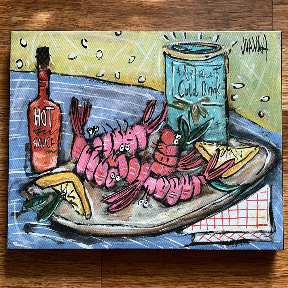 Joanna Art Shrimps on Plate Canvas on Wooden Frame Ready to Hang